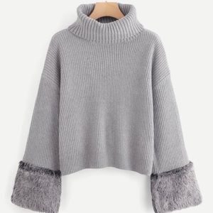 Turtle Neck Faux Fur Cuff Sweater